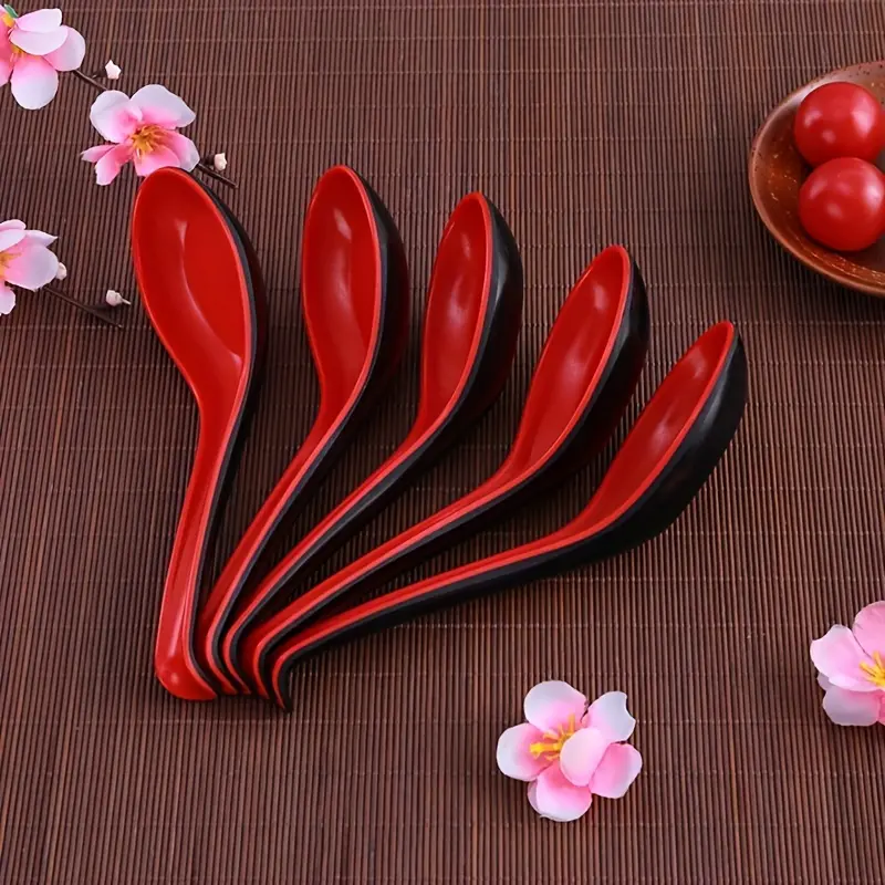 5pcs Soup Spoons Japanese Style Rice Spoons Melamine Spoon Sauces Soup Spoon Porridge Spoon Ramen Pho Wonton Dumpling Red and Black Spoons for Restaurant Supplies