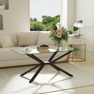 Modern Rectangular Coffee Table, Tempered Glass Top Clear Center Table and Black Stainless Leg, Small Transparent Coffee Tables for Living Room, Home, Office, 40 Inch