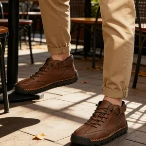 Men's High-Top Leather Casual Shoes, Hand-Stitched Non-Slip Ankle Boots for Daily Wear