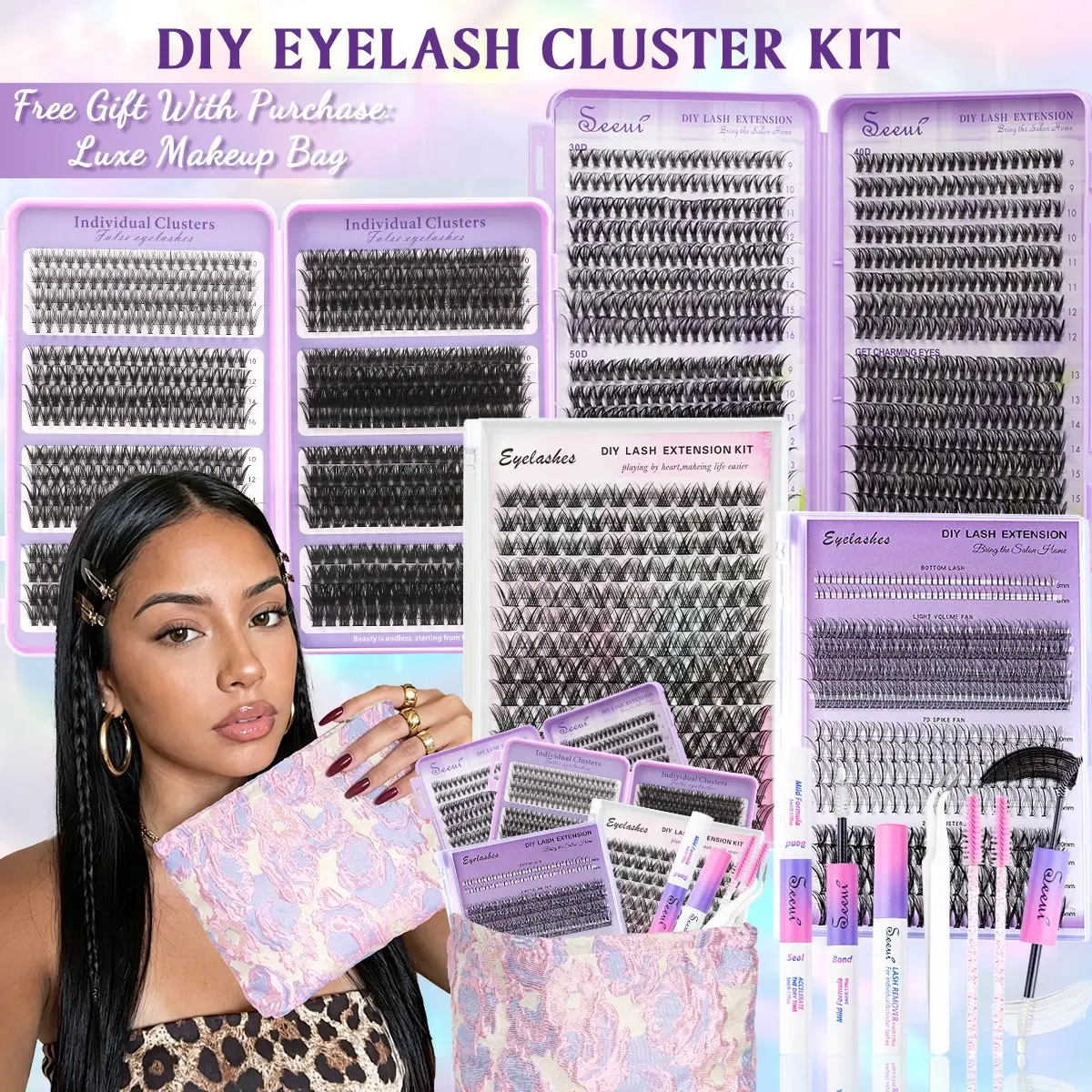 10D-100D Wispy Lash Clusters Kit with Makeup Bag, DIY Cluster Lashes with Set, Mixed Individual Lashes, 9-16mm, Eyelash Extensions, Velure Lashes, Voluminous False Eyelashes, Waterproof, Bond&Seal, Remover, Tweezers, Brushes