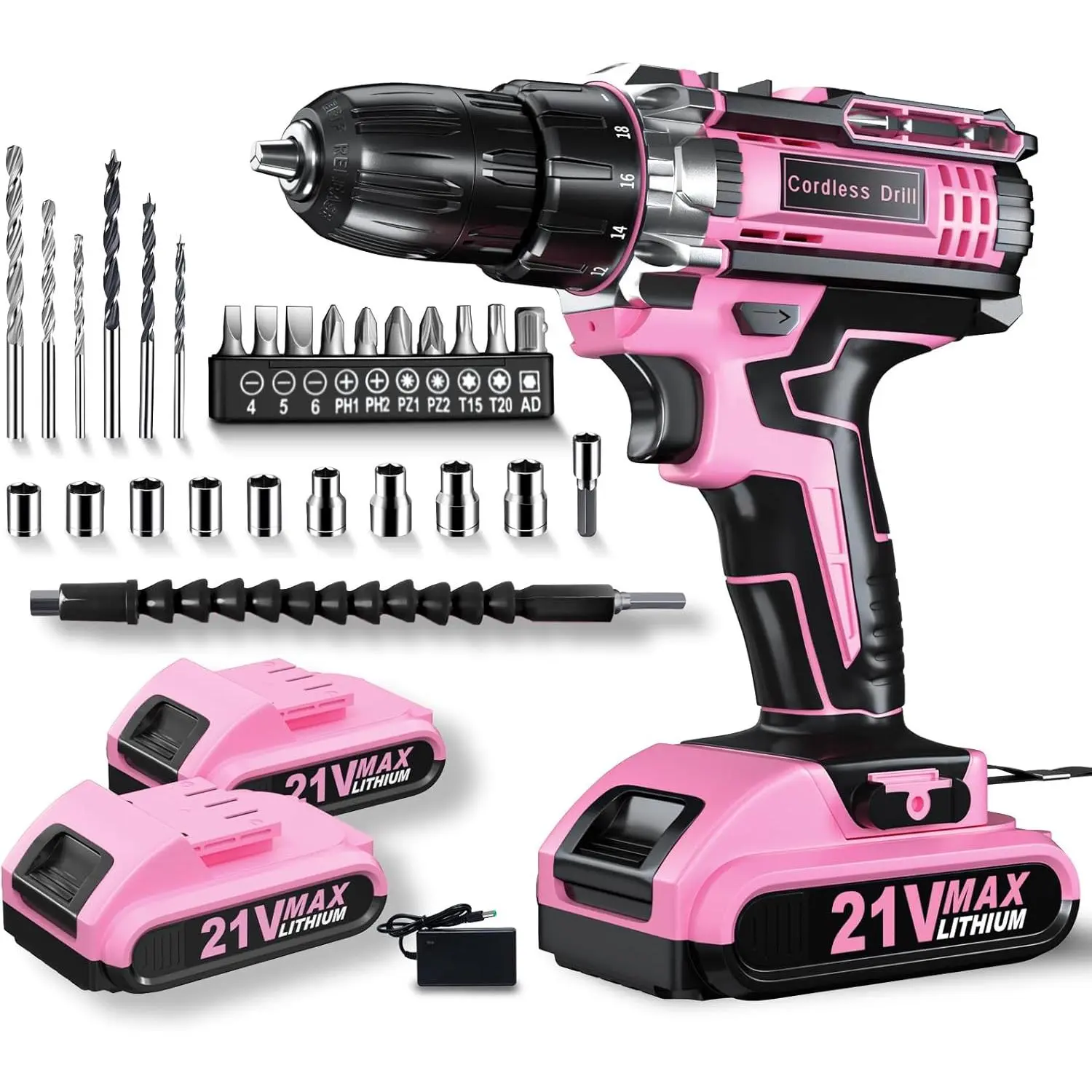 Drill, 21V Cordless Drill with Dual 2.0Ah Power Pack and Charger, Electric Power Drills Set, 3/8 Inch Chuck, 25+1 Torque, 2 Speed 29 Accessories Tool for DIY, Gifts