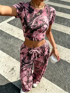 2-Piece Retro Camouflage, Full Camo Print Loose-Fit Long Pants & Short Sleeve Crop Tee, Casual All-Seasons Fashion Set for Women, Elastic