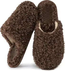 Snug Leaves Women's Faux Wool Scuff Slippers - Curly Faux Wool Upper, Memory Foam Insole, Non-Slip TPR Sole, Machine Washable Indoor Outdoor House Shoes