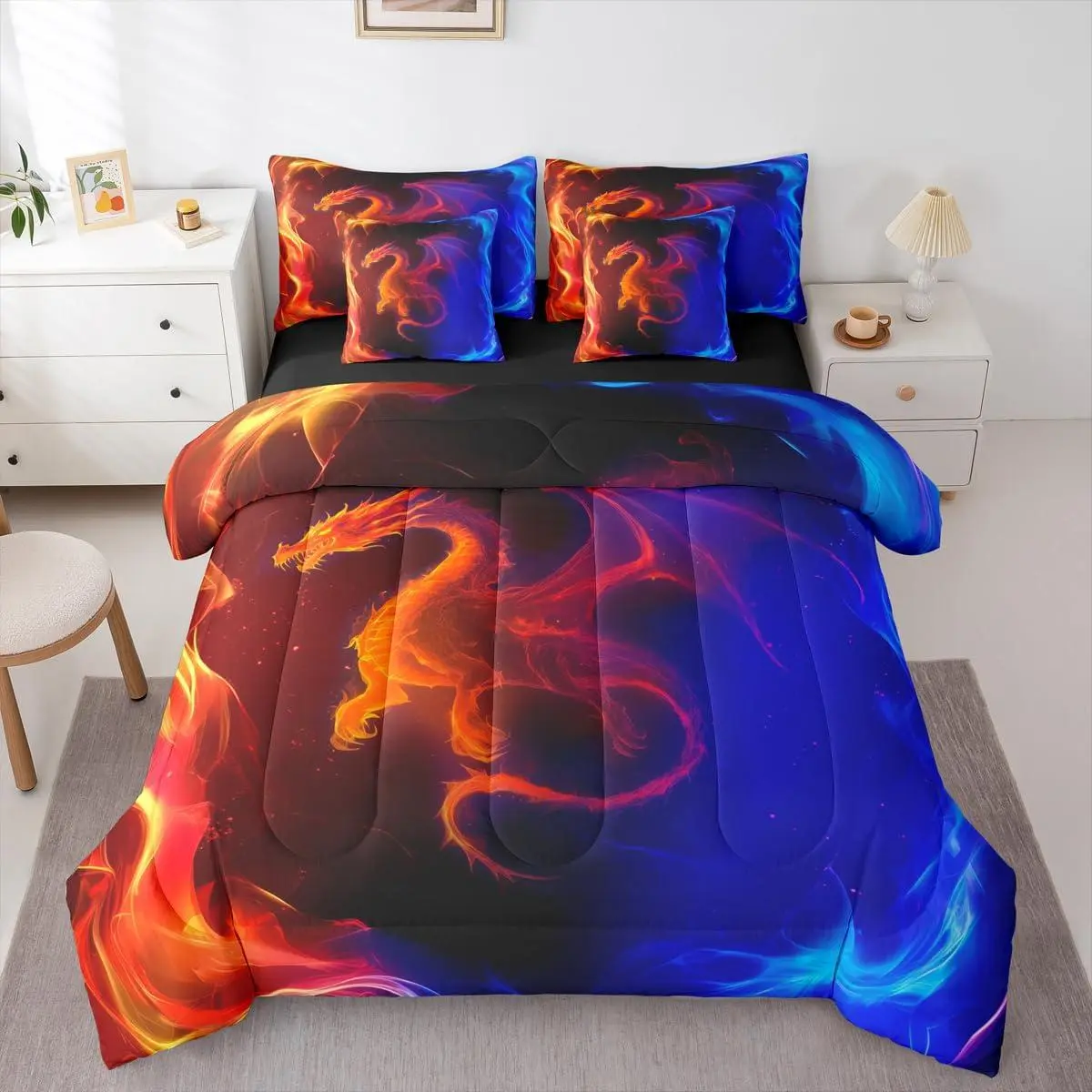 Feelyou 7-Piece Dragon Nebula Comforter Bedding Set - Ultra-Soft Comfy Blankets, Bedsheet Sets, Matching Bedding Blanket, Red-Blue Ombre Outer Space Design with 2 Pillowcases