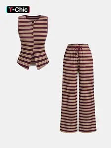 Two-Piece Striped Fitted Sleeveless Open Front Top & High Waist Drawstring Wide Leg Pants, Striped Sets Womenswear Knitted Set Clothes Minimalist Casual Daily Wear Set