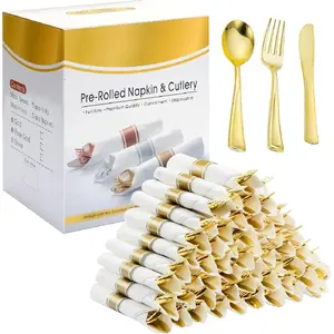 50 Pack Pre Rolled  Plastic Silverware Set with Napkins,Disposable Wrapped Heavy Duty Cutlery Set for Wedding Birthday Party-50 Forks,,Spoons,Napkins,Utensils Set,Plasticware Bulk