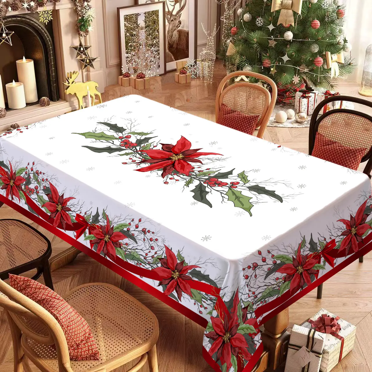 Rectangular Christmas Tablecloth, Poinsettia Flower Design, Perfect for New Year Parties and Banquets, Best Christmas Gift