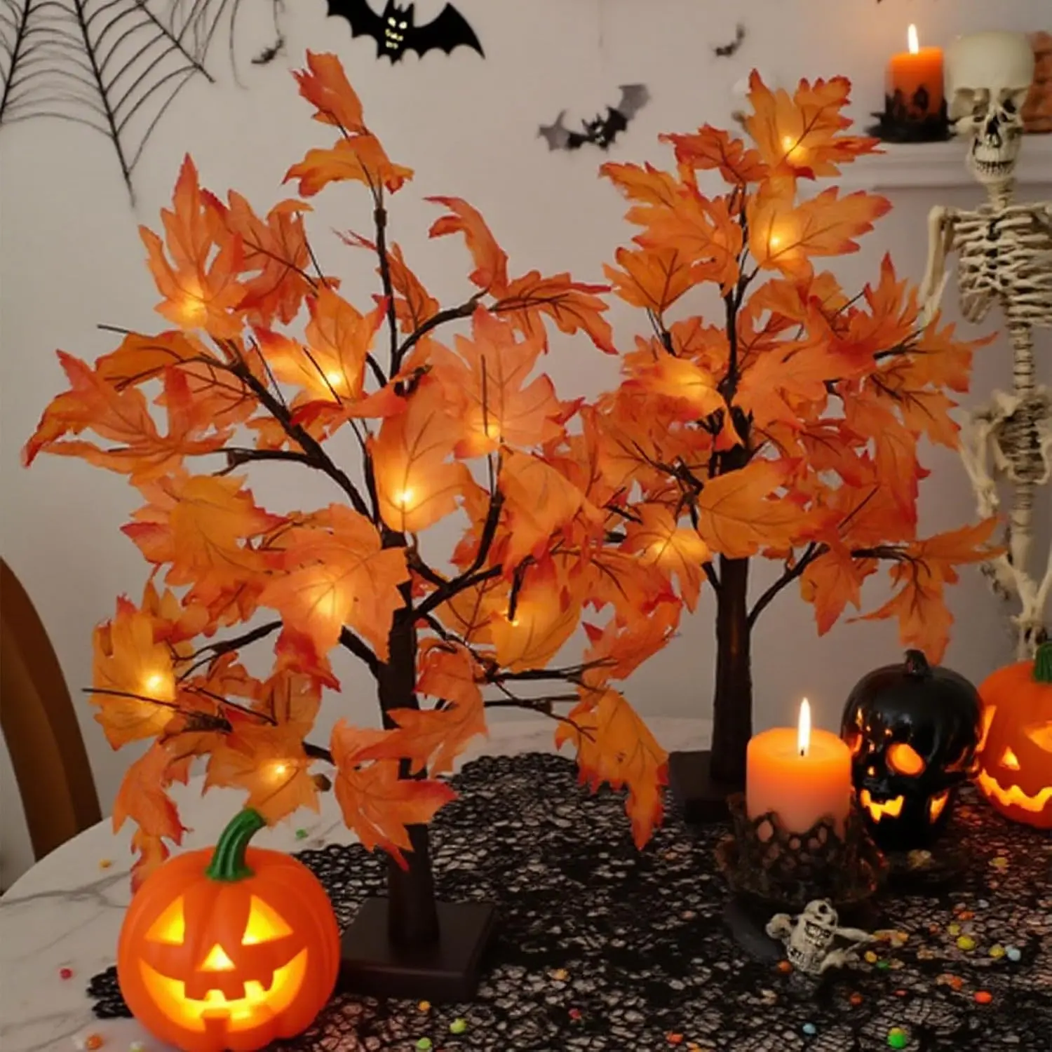 2-Pack Rustic Synthetic Plastic Lighted Maple Trees, 48 LED Battery-Operated Fall Decor for Thanksgiving, Indoor-Outdoor Home Party Wedding Harvest Decorations