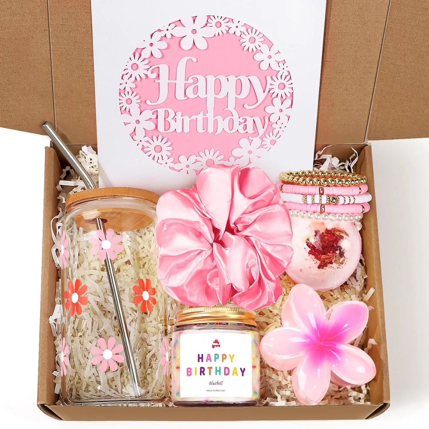 Birthday Gifts for Women, Teen Girl Gifts, Birthday  for Her, Happy Bday  Box for Girl, Women, Sister, Daughter,  Friend, Friendship, Cute Daisy Glass Cup Set 7 count, 16oz, Pink