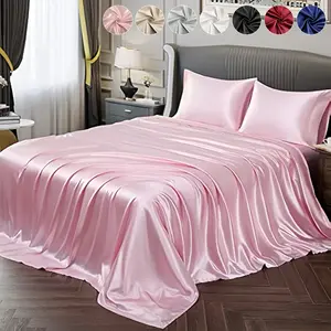4PCS Satin Bedding Set with Fitted Sheet, Flat Sheet and Pillowcases, Silky Soft Breathable Cooling Bedding, Dustproof Mattress Protector, Deep Pocket 6"-18", Multiple Sizes
