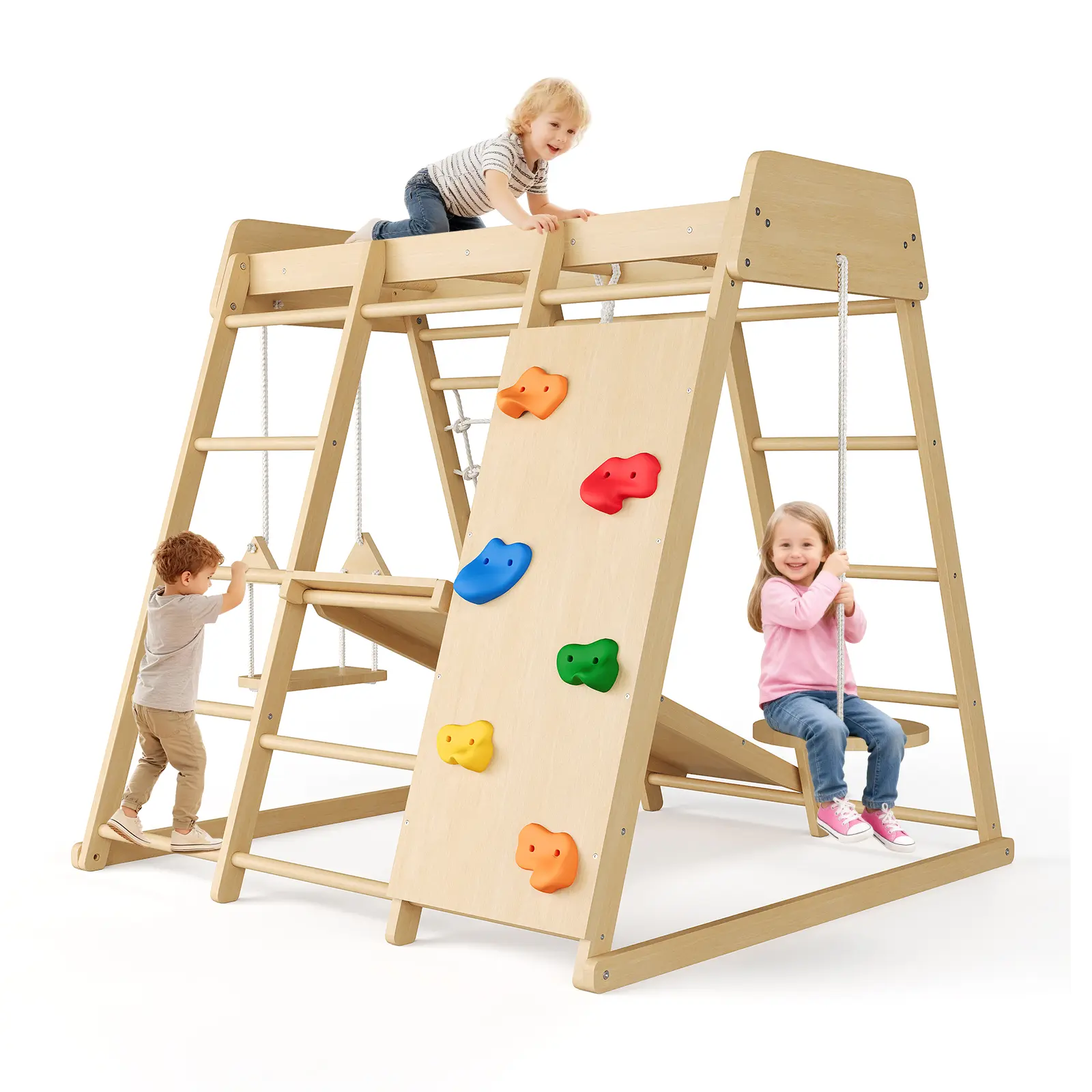 Montessori-Inspired 6-in-1 Wooden Indoor Jungle Gym for Toddlers - Eco-Friendly Natural Wood Climbing Playset with Slide, Monkey Bars & Swing - Child-Centered Fitness Playground for Skill Development - Aesthetic Playroom Furniture