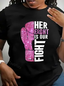 100% Cotton Unisex Her Fight Is Our Fight Boxing Glove Breast Cancer Awareness T-Shirt Vingate Printed Casual Round Neck T shirt