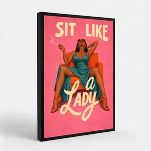 "Sit Like a Lady" Retro Glamour Canvas Art Print, Bold Pink & Teal Confident Woman Smoking Poster, Feminist Empowerment Wall Decor for Living Room Bathroom Bedroom Apartment