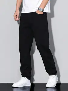 Homme Men's Simple Style Casual Daily Solid Color Plain Jeans Relaxed Fit, Black Joggers Men