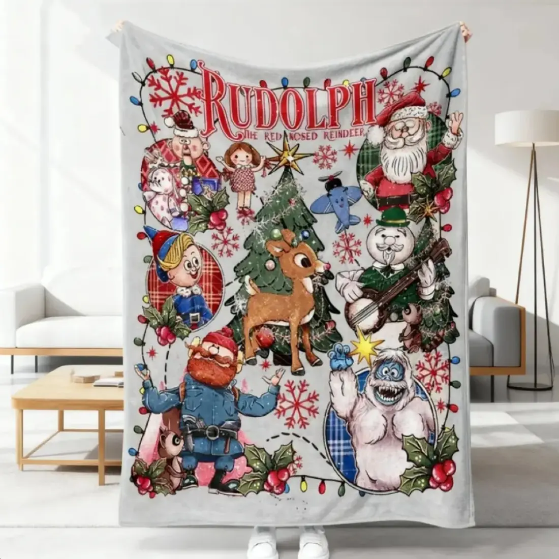 Rudolph the Red-Nosed Reindeer Christmas-Themed Throw Blanket, AC Home Blanket, Outdoor Picnic & Christmas Party Decor Essential for Winter Family Movie Nights