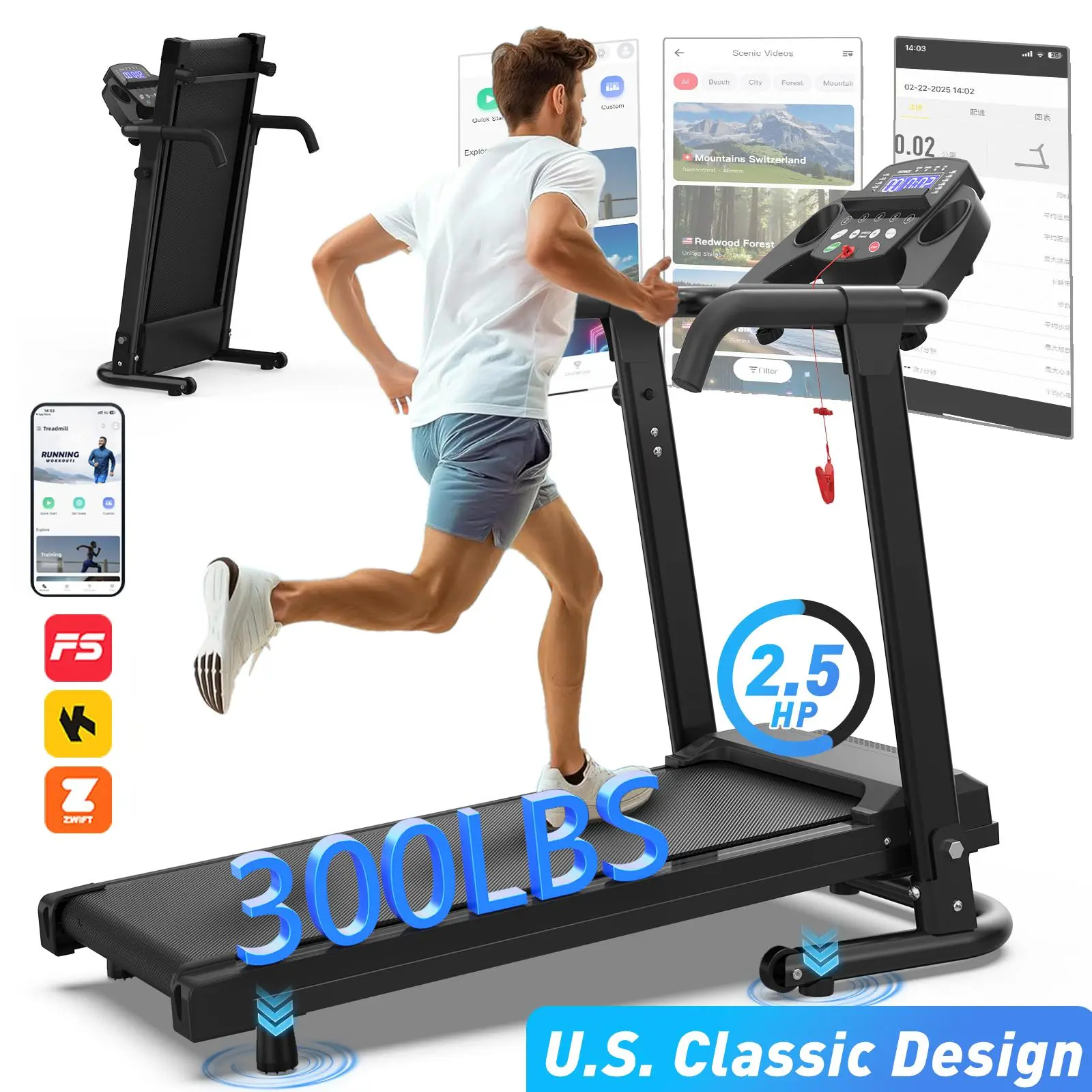 FYC Folding Home Treadmill - Quiet 2.5HP Motor Gym Equipment, 300lbs Max Capacity, 7.5 MPH Max Speed, LED Display, Shock Absorption, Sound Insulation, Eco-Friendly Handle, <45 dB Noise, Space-Saving Frame for Apartments, 12-Month Warranty