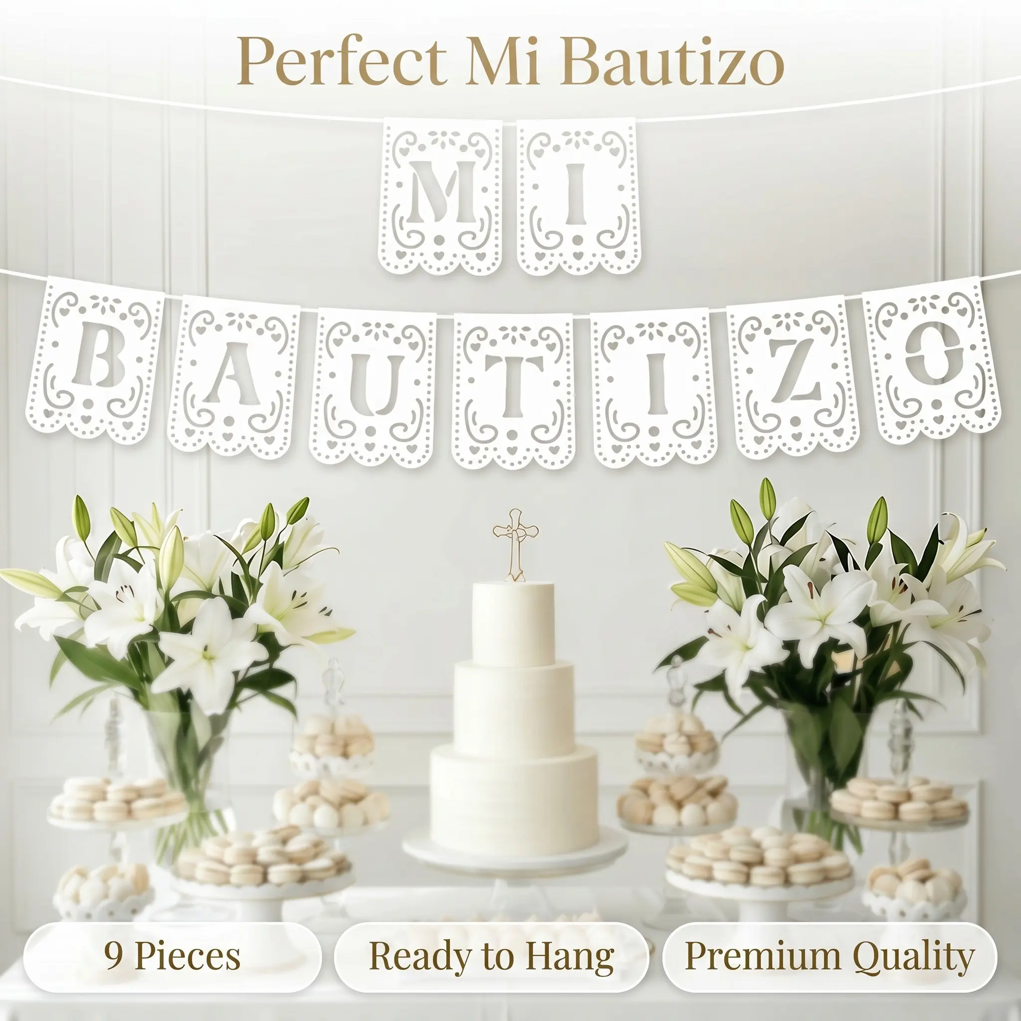 9-Piece 'mi Bautizo' Banner, God Bless First Communion Decoration, Latin Style Paper Flower Ring, Religious Baptism Party Accessories