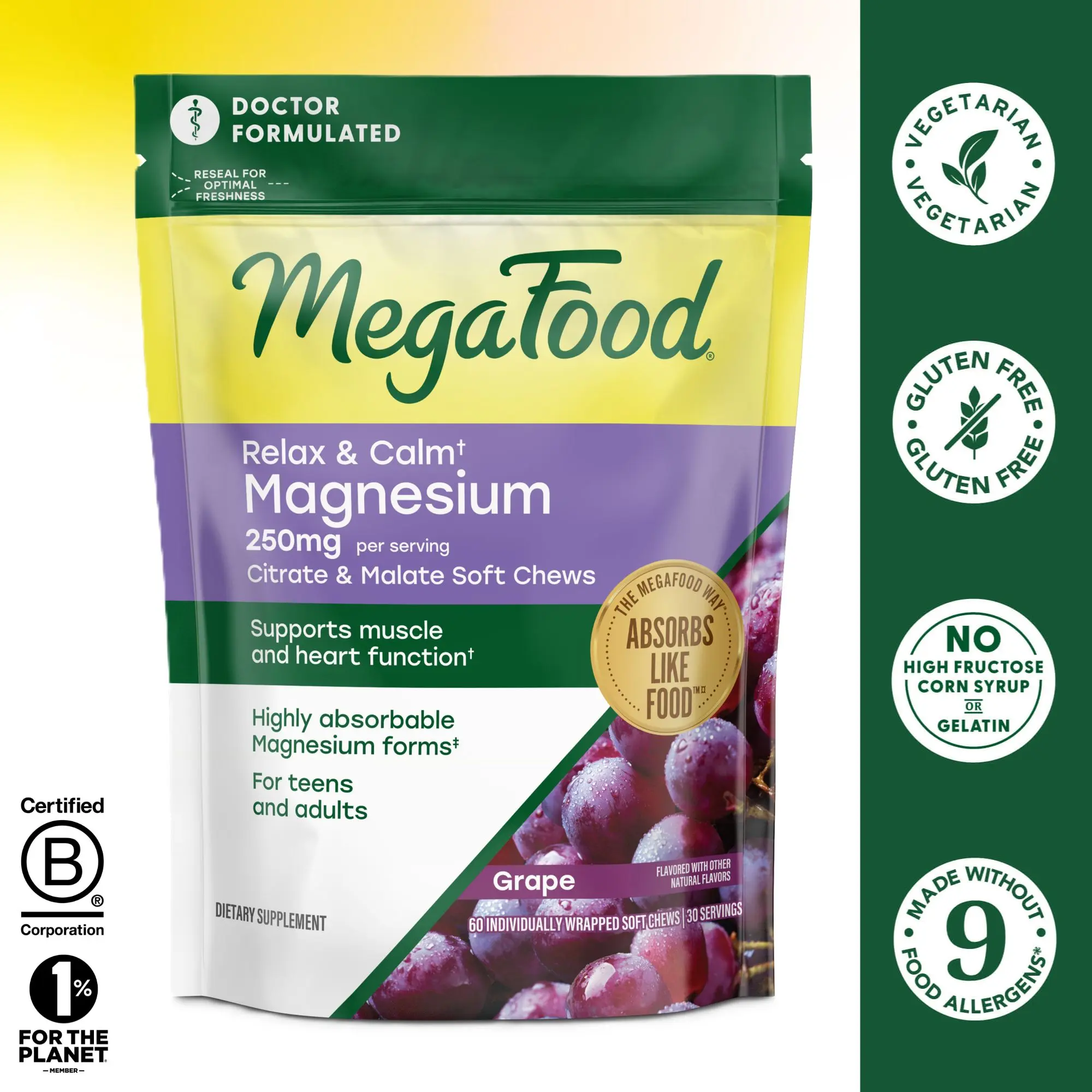 MegaFood Relax + Calm Magnesium Complex with Magnesium Citrate & Malate for Heart Health, Muscle Tension & More – Doctor Formulated - Vegetarian – Grape Flavor - 60 Soft Chews (30 Servings)