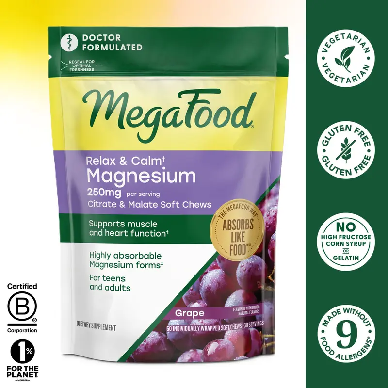 MegaFood Relax + Calm 2-in-1 Magnesium Complex Dietary Supplement - 250mg Minerals per Serving, Doctor Formulated, Citrate & Malate, Gluten-Free, GMO-Free, Vegetarian Grape Flavor Chewable Soft Chews, Adult Muscle & Stress Relief, 30 Servings | 60 Pieces