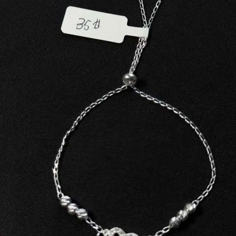 Silver Tone Adjustable Bolo Bracelet Clear Rhinestone Heart Textured Beads Star