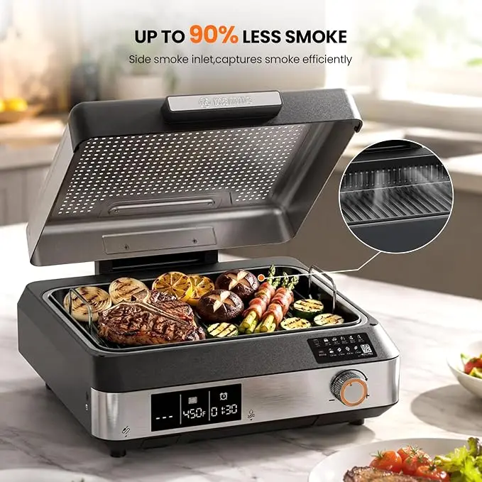 Kismile Smokeless Indoor Grill, 1500W Electric Grill Indoor with Tempered Glass Lid, Non-Stick Korean BBQ Grill with 6-Level Temp Control, Dual-Turbo Smoke Extractor, Drip Tray & Dishwasher-Safe Parts,home essentials