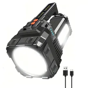 High Power Hand Lamp Solar Energy USB Rechargeable LED Flashlight Outdoor Camping Floodlight Emergency Power Torch Warning Light Plastic Lamp Shade