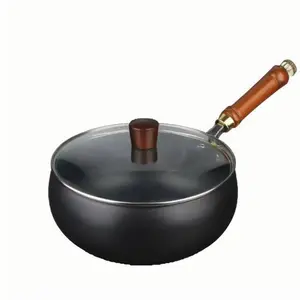 Cast Iron Non-Stick Skillet Wok with Wooden Lid and Heat Resistant Handle, Easy to Clean, Gas/electric Stove Compatible, Multi-Purpose Kitchen Cookware