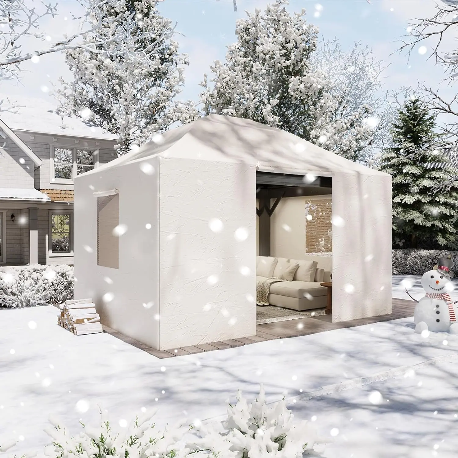 Aoxun  Universal Winter Cover for Hardtop Gazebos,Outdoor Gazebo Cover with Sidewalls and Mesh Windows, All Season Waterproof Enclosed Canopy Covers, Beige(Gazebo not Included)