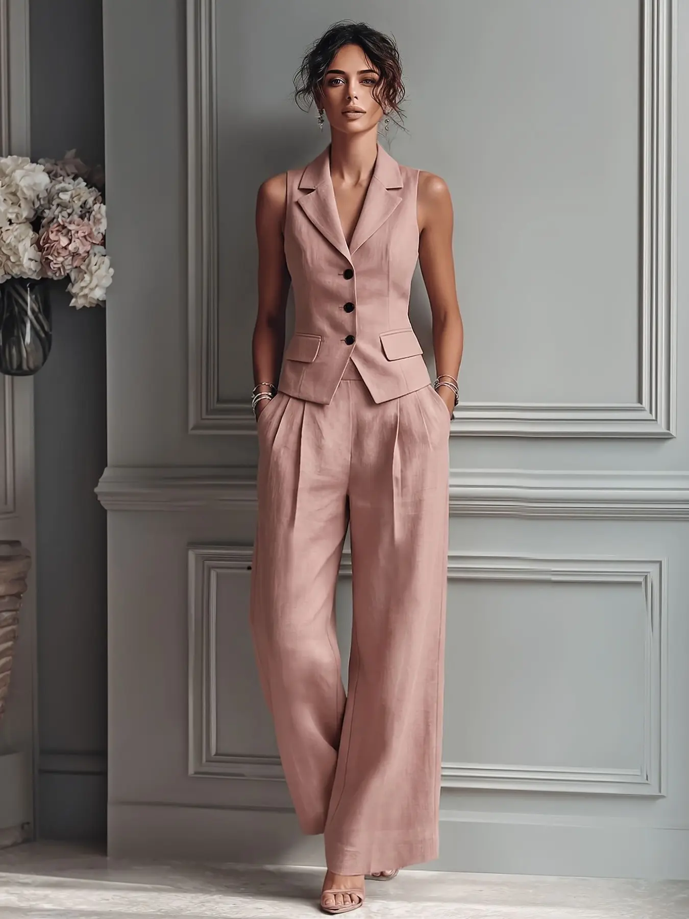 Elegant Women's Solid Sleeveless Two-Piece Set Suits for Spring and Summer, Slim-Fitting Fashionable, Perfect for Daily Wear and Special Occasions