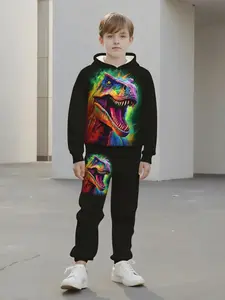 Boys Fashion Dinosaur Pattern 3D Printed Hooded Sweatshirt Set, Long Sleeve Sports Wear, Spring Fall Winter Outdoor Hoodies