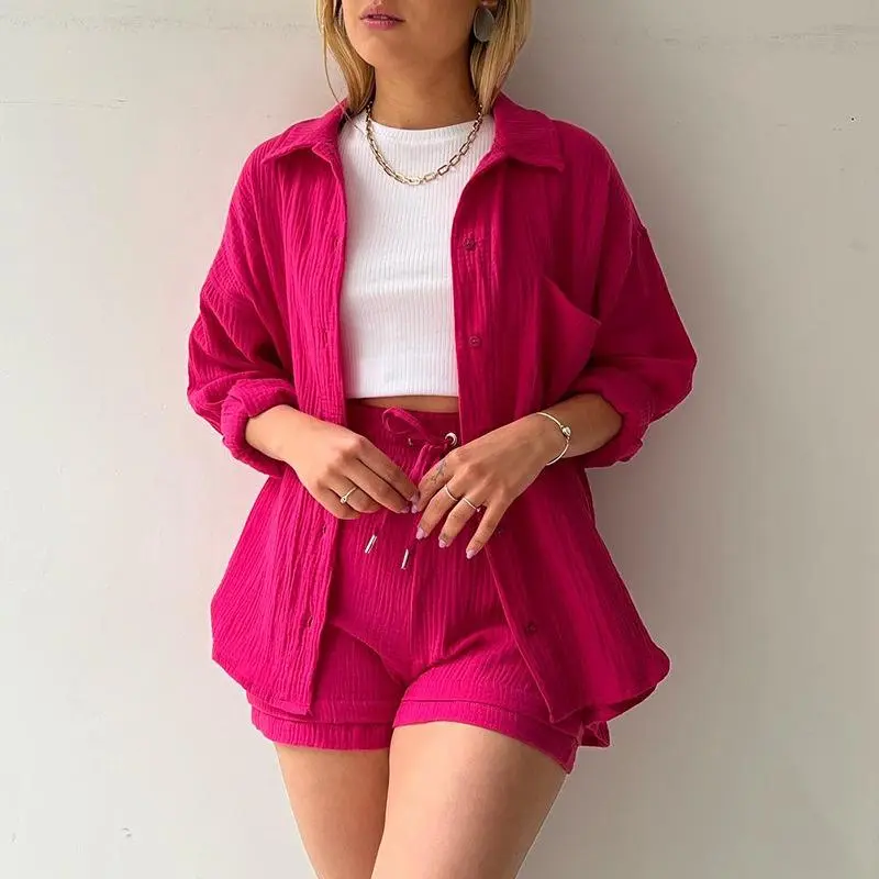 Women's two-piece set home dress collar long sleeve shirt high waist  drawstring shorts fashion casual outfit spring break outfit clothes suits  womens jumpsuit pink womenswear - TikTok Shop
