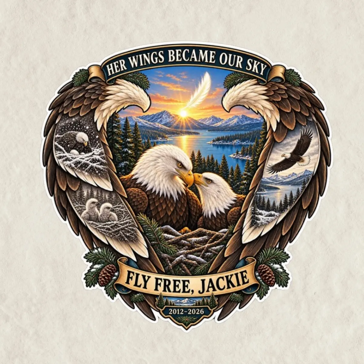 Fly Free Jackie Memorial Sticker, Bald Eagle Couple Tribute Decal, Her Wings Became Our Sky Sticker, Eagle Lover Memorial Gift Waterproof Vinyl Sticker Gift