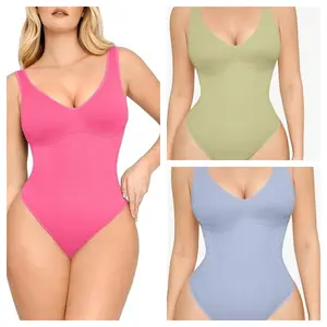 FeelinGirl  Tummy Control Bodysuit for Women Slimming V Neck Bodysuits Snatched Waist Body Suit Shaping Thong Comfort Fabric Fit Seamless Sleeveless