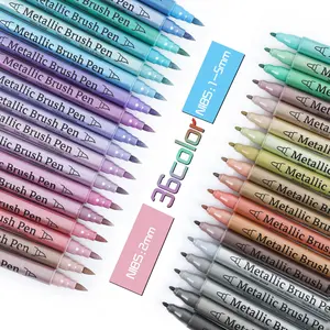 Metallic Paint Marker Pen, Low Odour, 12/24/36pcs Dual Tips Double Tip Brush Pen Metallic Paint Marker Pen Set, Fine Marker Pen for Rock Wood Ceramic Canvas DIY Painting Drawing, Art Supplies