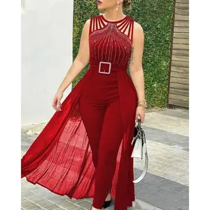 Jumpsuit for Women Party Casual Rhinestone  Mesh Sleeveless Jumpsuits Skinny Outfits  Ladies Suit(Raincoats)