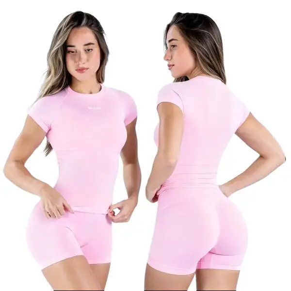 (With Logo) DFYNE Women's High-Stretch Workout Set, Short Sleeve Top & High Waist Active Bottoms for Gym & Everyday Quick-Dry Compression Fitness high-waisted sporty athletic woman cute