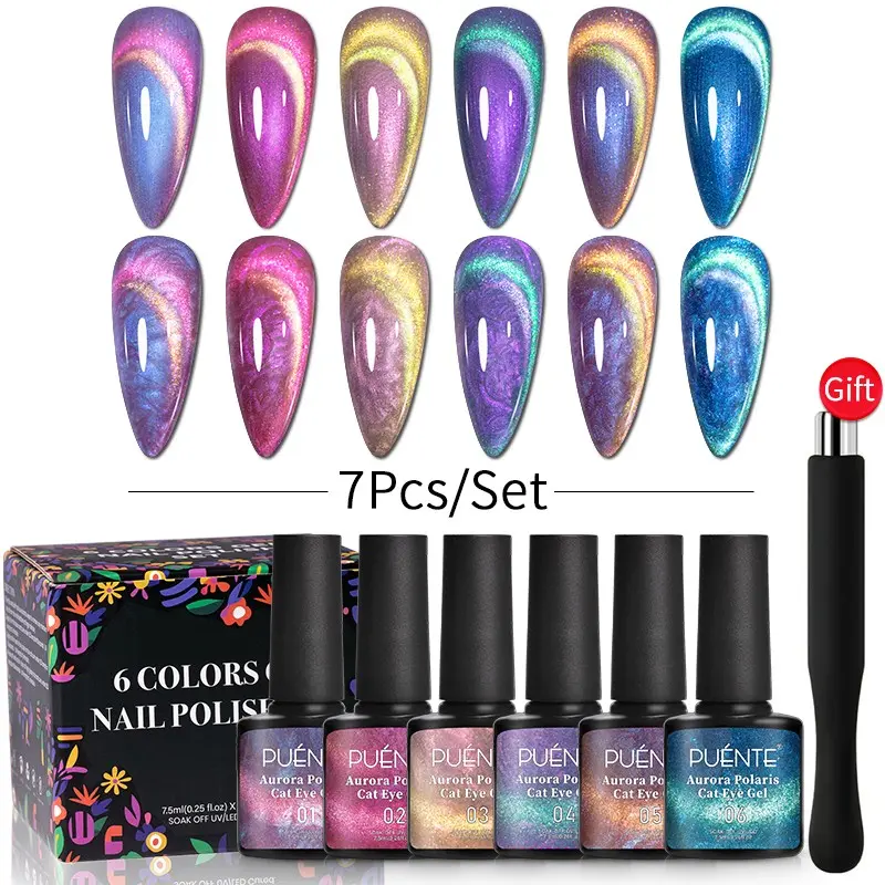 Puente Aurora polaris Cat Eye Gel Nail Polish Set, Gel Polish Kit, 6 Colors, Aurora Shell Thread Cat Magnetic Gel Polish With Magnet, Semi-Permanent Nail Art Varnish, Salon Gel Manicure and Nail Art DIY at Home Soak Off UV LED Nail Gel Gift Nail Products