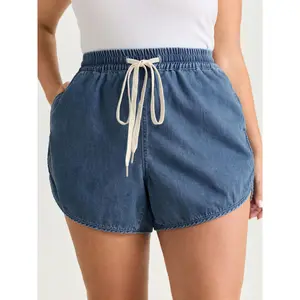 BLOOMCHIC Plus Size Elastic Waist Drawstring Straight-Fit Denim Shorts [M-6X]2026 Summer Vibes Swimweek