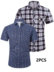 Men's Plus Size Plaid Short Sleeve Shirt Set, Casual Summer Button-Front Top, Comfortable Daily Wear, Ideal for Everyday Use