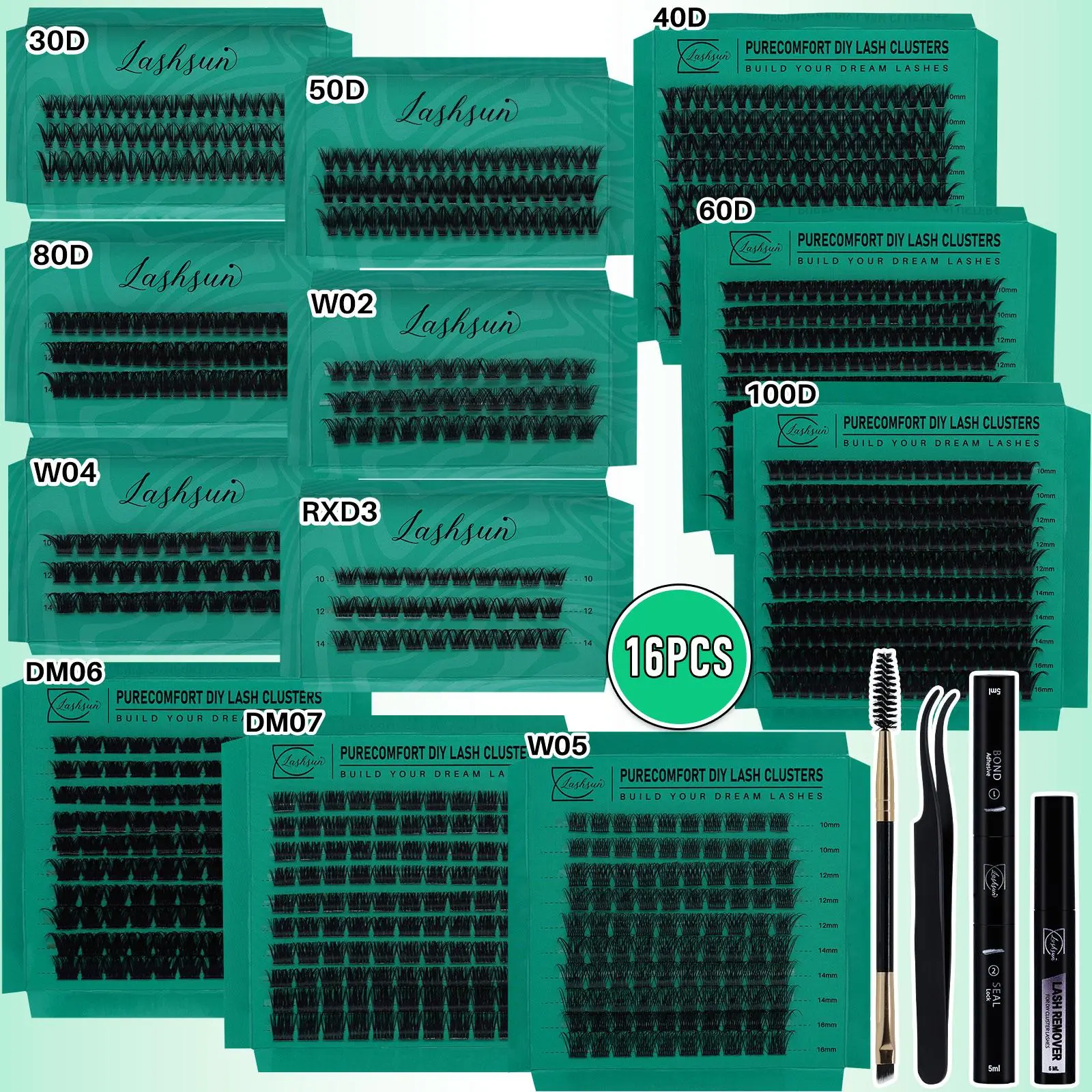 Mixed Length Individual Lashes Kit, Lash Extensions, 16pcs/set D Curl High Capacity Mixed Length Lash, Kit with Bond and Seal & Lash Remover & Lash Brush & Tweezers, Makeup, DIY Lash Kit, Eyelash Extension Kit