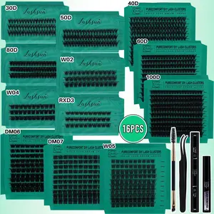 Mixed Length Individual Lashes Kit, 16pcs/set D Curl High Capacity Mixed Length Lash, Kit with Bond and Seal & Lash Remover & Lash Brush & Tweezers, Makeup, DIY Lash Kit