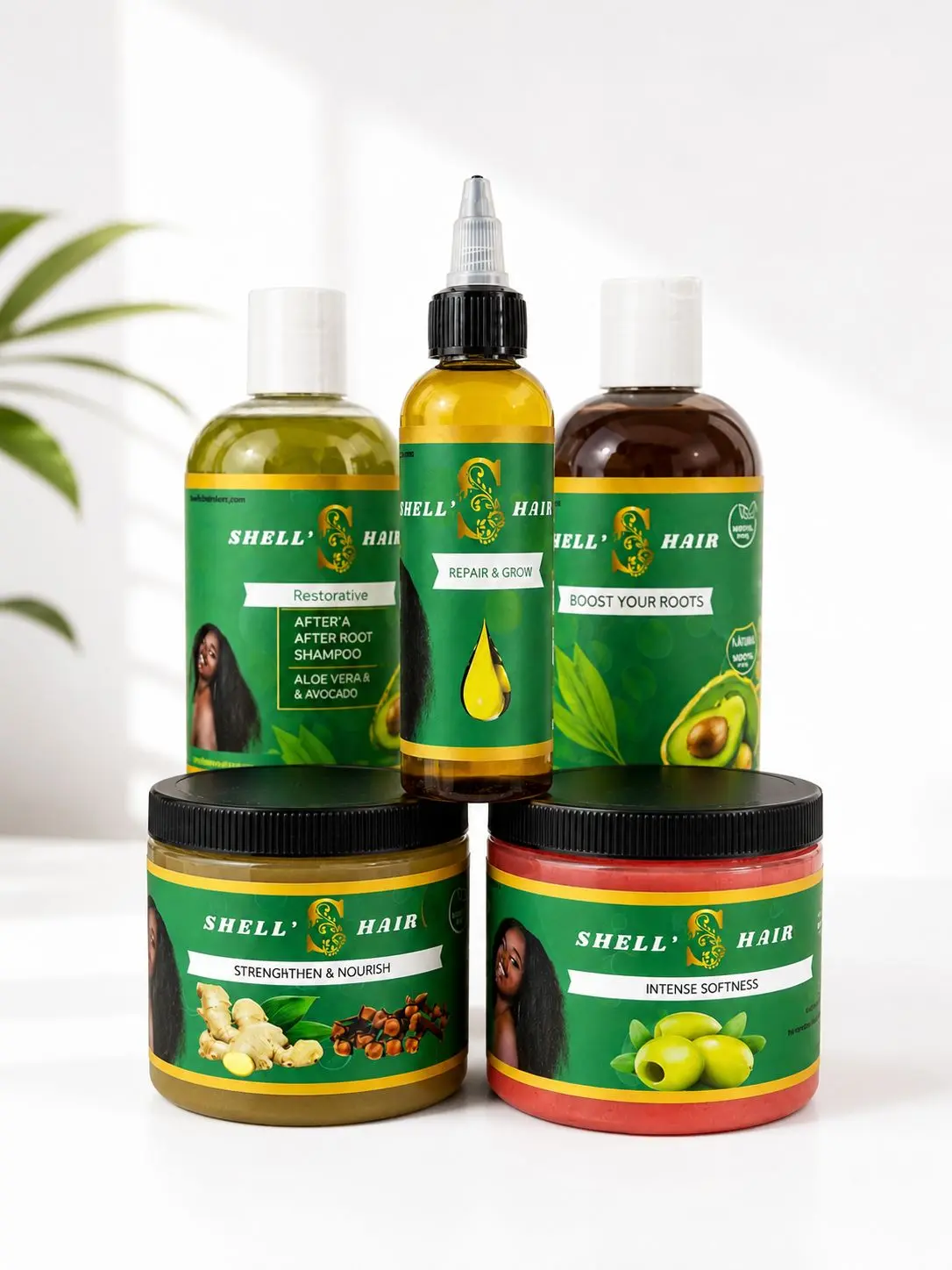 Shell Hair Products_Kit of 5/ Oil, Pomade, Hair Cream, Shampoo and Conditioner