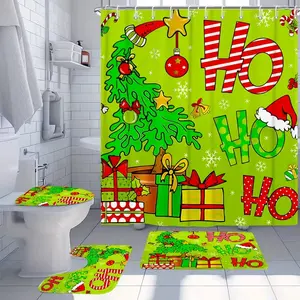 1/4pcs Christmas Tree Theme Shower Curtain Set, Holiday Design, Non-Slip Mat, U-Shaped Rug, Toilet Seat Cover, Includes 12 Hooks
