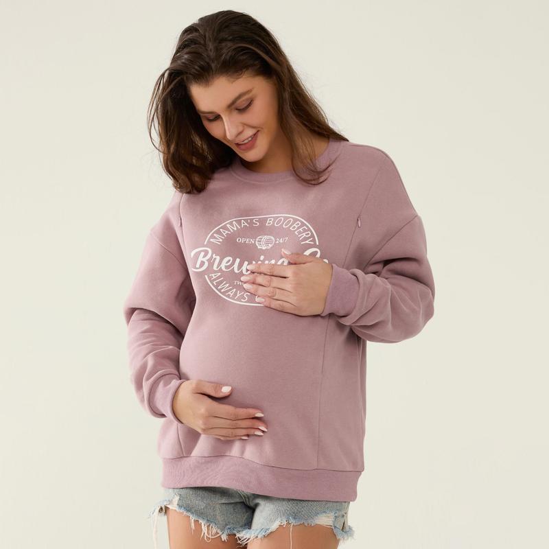 Giftifymama Mama's Boobery Long Sleeve Pullover Sweatshirt Fleece Nursing Maternity Sweatshirt Cotton Zip Nursing Pullover Crew Neck Design Loose Fit Spring & Autumn Wear L Multiple Sizes S-XXL Postpartum essentials Mother’s Day gift breastfeeding clothes