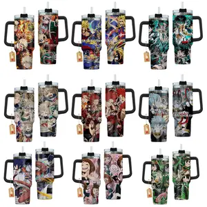Shonen Action Anime 40oz Tumbler with Handle - Superhero Character Graphic - Boku no Hero Academia - Stainless Steel Manga Fan Travel Mug Gift