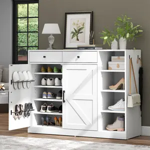5-Tier Shoe Cabinet with 4 Side Cubbies, Farmhouse Shoe Rack Cabinet with 6 Adjustable Shelves & 2 Drawers, Freestanding Shoe Storage Cabinet with 4 Brackets & 2 Hooks for Entryway