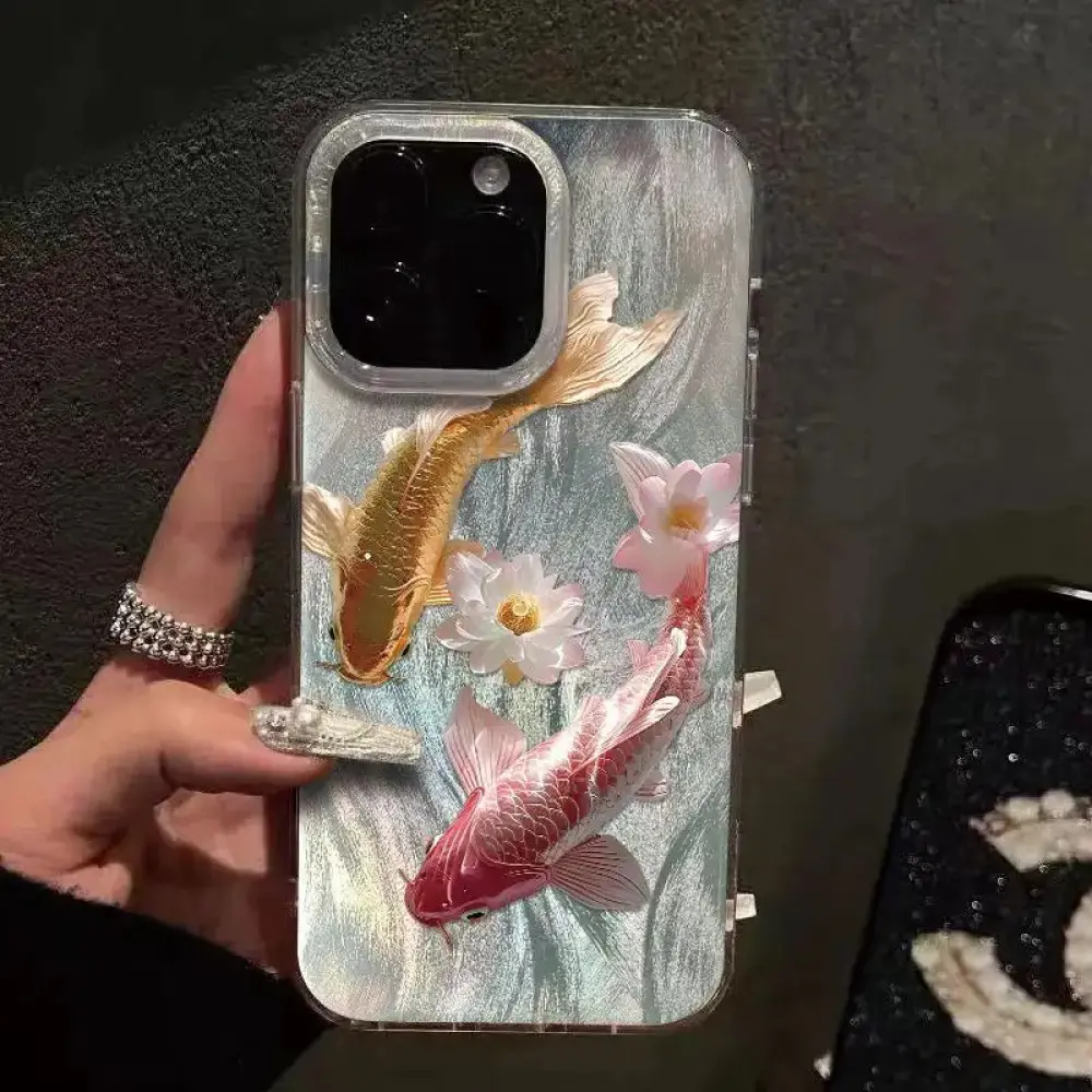 Luxury Koi Lotus TPU+PET Case for iPhone 11-17 Pro/Pro Max/Plus/Air Shockproof Airbag Anti-Fingerprint Elegant Protection Cover Protective
