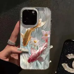 Luxury Koi Lotus TPU+PET Case for iPhone 11-17 Pro/Pro Max/Plus/Air Shockproof Airbag Anti-Fingerprint Elegant Protection Cover Protective