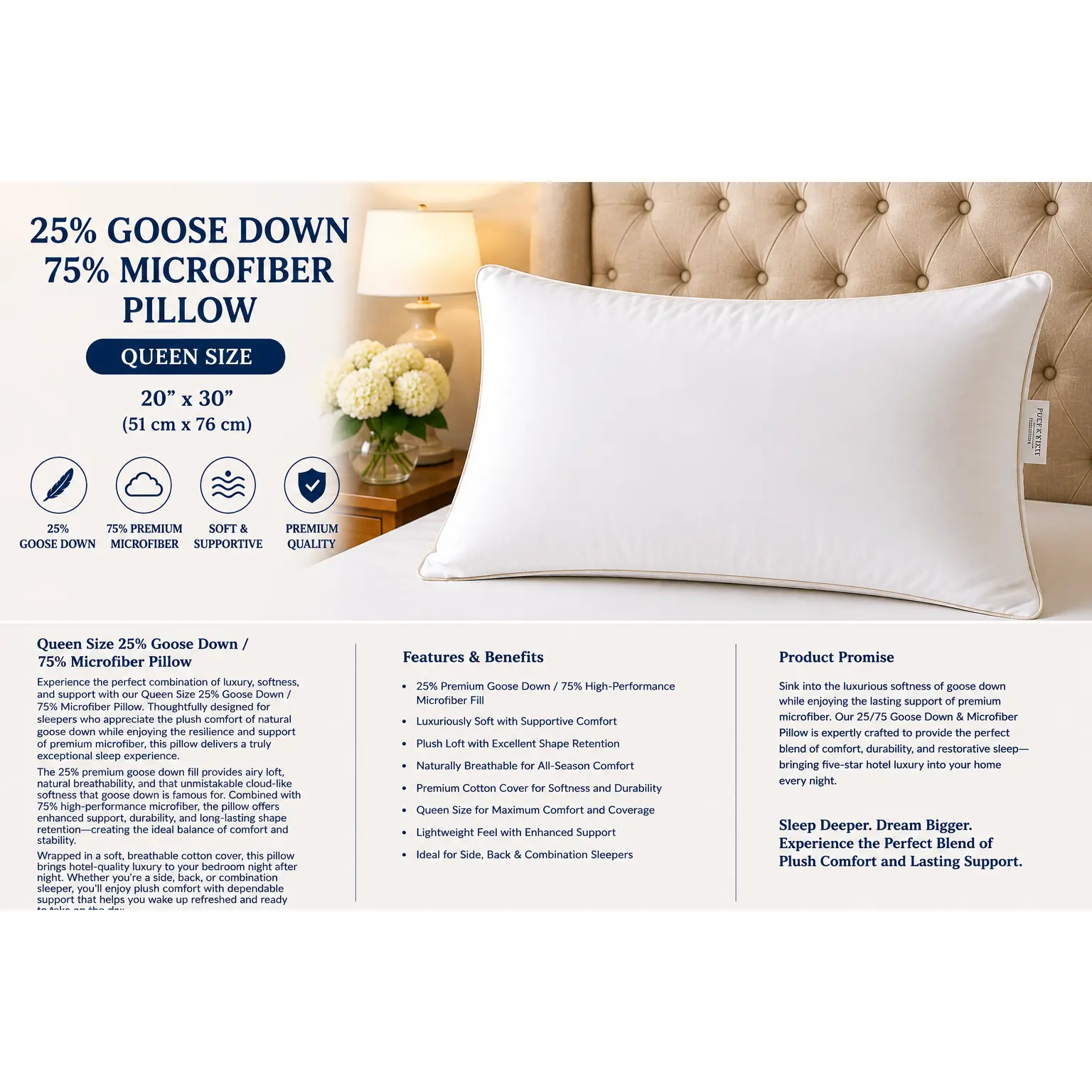 Goose Down Queen Pillow — 25% Down Blend
