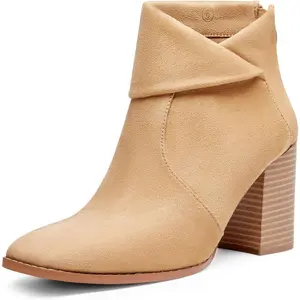 Coutgo Women's Square Toe Ankle Boots High Chunky Stacked Heel Slip On Criss Cross Zipper Booties